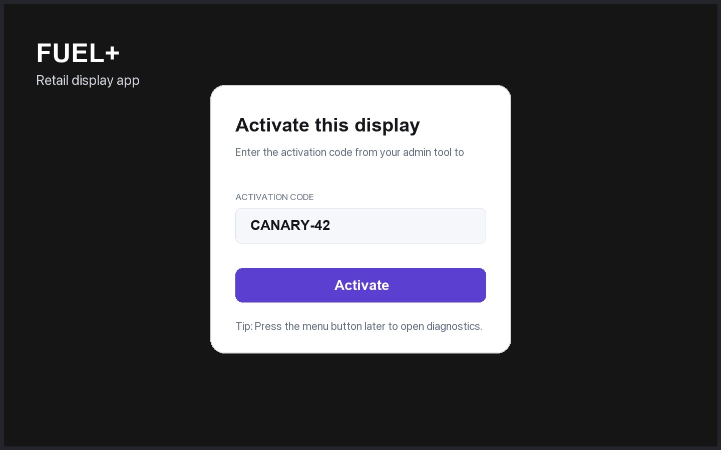 FireMenu activation screen for connecting a TV display to a FUEL+ retail location