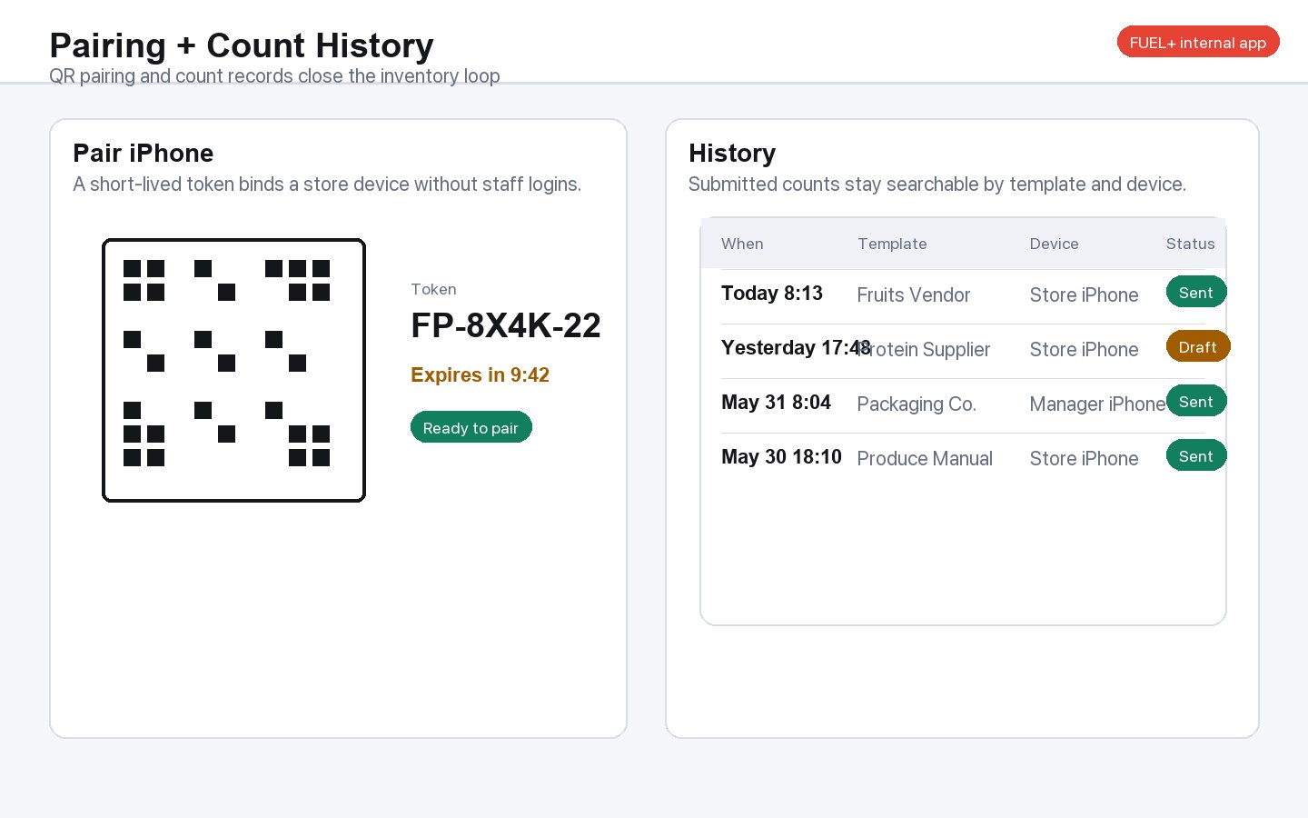 FUEL+ Inventory pairing and count history screen with QR token and submitted counts