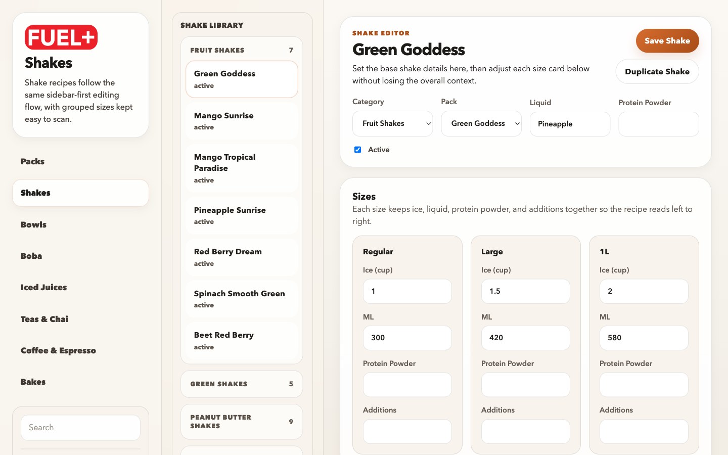 FUEL+ Live shake recipe editor with size-based build cards